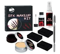 Sonew Kit de Maquillage SFX à Effets Spéciaux D'Halloween, Faux Gel de Sang Réaliste, Cire, Eau pour Brûlures, Coupures, Blessures, Sûr, avec Grattoir éponge (Set 1 : Trousse de toilette Halloween)