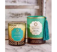 Song of India Aqua Oud Bougie parfumée Veda luxueuse dans un pot en verre de couleur marron
