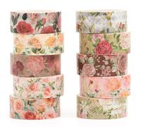 Songdao 10 rouleaux Fleur Washi Tape Set Ruban Adhésif Papier Motifs floraux Décoratif Masking Tape pour Scrapbooking Artisanat de Bricolage (1-Pinky)