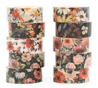 Songdao 10 rouleaux Fleur Washi Tape Set Ruban Adhésif Papier Motifs floraux Décoratif Masking Tape pour Scrapbooking Artisanat de Bricolage (3-Blooms)