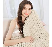 SONGDIQI Plaid Tricot Grosse Maille, Couverture Au Crochet avec Nœud de Corde, Confortable et Respirante, pour Canapé Lit Chaise Tapis de Yoga Tapis(Beige,130 * 160cm)