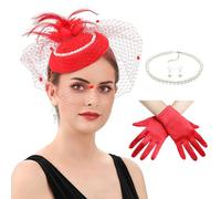 Songelt Chapeau bibi pour femme avec collier et boucles d'oreilles et gants pour bal de fin d'année, activités de plein air, chapeau élégant pour femme, Rouge, taille unique