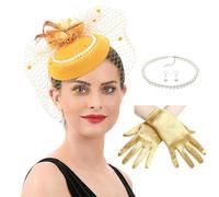 Songelt Chapeau bibi pour femme avec collier et boucles d'oreilles et gants pour bal de fin d'année, activités de plein air, chapeau élégant pour femme, jaune, taille unique