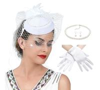 Songelt Chapeau bibi pour femme avec collier et boucles d'oreilles et gants pour bal de fin d'année, activités de plein air, chapeau élégant pour femme, blanc, taille unique