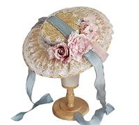 Songelt Coiffe élégante chapeau de paille plat avec mentonnière mignon chapeau de fleur mignon volants dentelle couvre-chef cosplay coiffe haut plat avec mentonnière