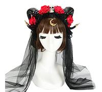 Songelt Coiffe faite à la main en corne de bœuf avec tête de mort et voile de fleur pour Halloween, fête de Noël, carnaval, accessoire de cheveux fait à la main
