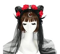 Songelt Coiffe faite à la main en corne de bœuf avec tête de mort et voile de fleur pour Halloween, fête de Noël, carnaval, accessoire de cheveux fait à la main