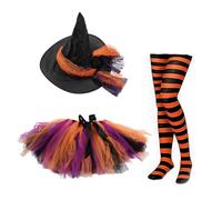 Songelt Costume de sorcière 3 pièces pour Halloween, costume de sorcière rayé, cuisses hautes, jupes, tutu, chapeau de magicien, costume pour hommes, enfants, adultes et femmes