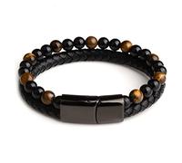 SONGK Bracelets en Pierre Naturelle Bracelet tressé en Cuir véritable Bracelet en Acier Inoxydable Noir Fermoir magnétique Oeil de Tigre Perle Bracelets Hommes Bijoux