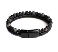 SONGK Bracelets en Pierre Naturelle Bracelet tressé en Cuir véritable Bracelet en Acier Inoxydable Noir Fermoir magnétique Oeil de Tigre Perle Bracelets Hommes Bijoux