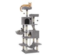 SONGMICS Arbre à chat avec 13 poteaux à griffer, 1 rampe, 2 perchoirs, 2 niches, panier, hamac, pompons, gris clair - 168 cm