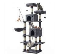 SONGMICS Arbre à chat avec 13 poteaux à griffer, 1 rampe, 2 perchoirs, 2 niches, panier, hamac, pompons, gris foncé - 168 cm