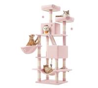 SONGMICS Arbre à chat avec 13 poteaux à griffer, 1 rampe, 2 perchoirs, 2 niches, panier, hamac, pompons, rose pastel - 168 cm