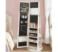 SONGMICS Armoire à Bijoux, Organisateur d’Accessoires, avec Miroir Pleine Longueur, Pivotant à 360°, Étagère de Rangement, Verrouillable avec des Clés, pour Chambre, Blanc Boisé Grisâtre JBC62W