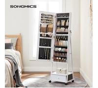 SONGMICS Armoire à bijoux, avec miroir psyché, verouillable, avec tiroir, étagère, roulettes, idée cadeau, Blanc JJC004W02