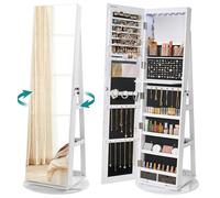 SONGMICS Armoire à Bijoux avec Miroir sur Pieds, Verrouillable, avec 6 LED, Rangement Bijoux Pivotant 360°, Miroir Psyché sans Cadre, 3 Étagères, Surface en Blanc, Doublure en Noir JJC007W01