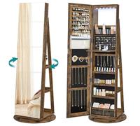 SONGMICS Armoire à Bijoux avec Miroir sur Pieds, Verrouillable, avec 6 LED, Rangement Bijoux Pivotant 360°, Miroir Psyché sans Cadre, 3 Étagères, Surface en Marron Rustique, Doublure en Noir JJC007X01