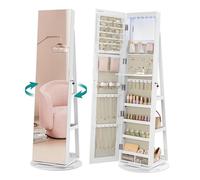 SONGMICS Armoire à Bijoux avec Miroir sur Pieds, Verrouillable, avec 6 LED, Rangement Bijoux Pivotant 360°, Miroir Psyché sans Cadre, 3 Étagères, Surface en Blanc, Doublure en Grège JJC007W02