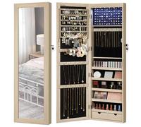 SONGMICS Armoire à Bijoux, Meuble de Rangement Mural pour Colliers, Boucles d’Oreilles, Placard à Accessoires, avec Miroir, Divers Compartiments, Verrouillable, Couleur Chêne JJC093M01