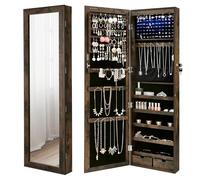 SONGMICS Armoire à bijoux, Meuble de rangement mural pour colliers, boucles d’oreilles, Placard à accessoires, avec miroir, divers compartiments, verrouillable, Marron rustique JJC93CB