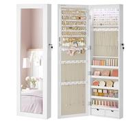 SONGMICS Armoire à Bijoux, Meuble de Rangement Mural pour Colliers, Boucles d’Oreilles, Placard à Accessoires, avec Miroir, Divers Compartiments, Verrouillable, Blanc et Doublure Grège JJC093W01