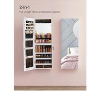 SONGMICS Armoire à Bijoux Murale, Organisateur avec Lumières LED, Placard de Rangement, avec Miroir sans Cadre, Miroir de Maquillage Intégré, 2 Tiroirs, Verrouillable, Blanc JJC013W01