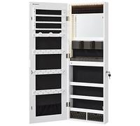 SONGMICS Armoire à Bijoux Murale, Organisateur avec Lumières LED, Placard de Rangement, avec Miroir sans Cadre, Miroir de Maquillage Intégré, 2 Tiroirs, Verrouillable, Blanc JJC013W01