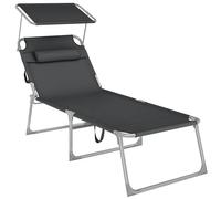 SONGMICS Bain de Soleil Grand, Chaise Longue Pliable, Transat, 71 x 200 x 38 cm, Capacité de Charge 150 kg, avec Pare-Soleil, Dossier Inclinable, pour Jardin, Piscine, Terrasse, Gris Foncé GCB22GYV2