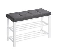 SONGMICS Banc, Porte-Chaussures à 3 Niveaux, Rangement avec Siège Rembourré de Mousse, Tissu en Lin, Cadre Métallique, pour Salon, Entrée, 31 x 81 x 49 cm, Blanc et Gris LBS057W03, 81L cm