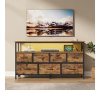 SONGMICS BELLAH Collection - Commode Chambre, Meuble de Rangement, Éclairage LED Réglable, Multiprise, 1 Étagère, 7 Tiroirs en Tissus, Style Industriel, Marron Rustique et Noir d’Encre LGS733KD01