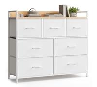 SONGMICS Commode, Armoire, Meuble de Rangement, 7 Tiroirs en Tissu avec Poignées, Cadre en Métal, Style Moderne, Blanc Nuage et Beige Chêne LTS523W57