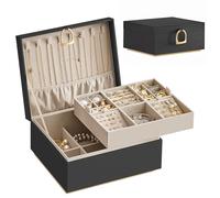 SONGMICS Boîte à Bijoux 2 Niveaux, Coffre à Bijoux avec Poignée, Plateau Flexible, Écrin Rangement d’Accessoires, Effet Flottant, 20,5 x 24 x 11 cm, Noir JBC165B01