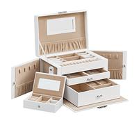 SONGMICS Boîte à bijoux avec 2 tiroirs verrouillable avec miroir Boîte de voyage portable doublure en velours idée cadeau Blanc