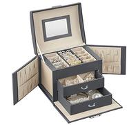 SONGMICS Boîte à Bijoux 3 Niveaux, Cadeau Noel, Écrin à Accessoires, Coffre, avec Poignées, 2 Tiroirs, Miroir, Serrure, Surface Gris Ardoise, Doublure Beige Sable JBC154G01