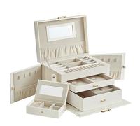 SONGMICS Boîte à Bijoux 3 Niveaux, Écrin 2 Tiroirs, Coffre de Rangement, avec Mini-boîte Portable, Poignées, Verrouillable, Revêtement en Blanc Classique et Doublure en Blanc Crème JBC121W02