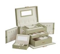 SONGMICS Boîte à Bijoux 3 Niveaux, Écrin 2 Tiroirs, Coffre de Rangement, avec Mini-boîte Portable, Poignées, Verrouillable, Revêtement en Vert Laurier et Doublure en Blanc Crème JBC121C02