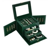 SONGMICS Boîte à Bijoux 4 Niveaux, Écrin à Accessoires, Coffre, avec Poignées, 3 Tiroirs, Miroir, Serrure, Rangement Bijoux pour Voyages, Surface et Dobulure Vert Forêt JBC159C01