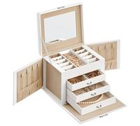SONGMICS Boîte à Bijoux 4 Niveaux, Écrin à Accessoires, Coffre, avec Poignées, 3 Tiroirs, Miroir, Serrure, Rangement Bijoux pour Voyages, Surface Blanc Nuage, Doublure Beige Sable JBC159W01