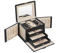 SONGMICS Boîte à Bijoux 4 Niveaux, Écrin à Accessoires, Coffre, avec Poignées, 3 Tiroirs, Miroir, Serrure, Rangement Bijoux pour Voyages, Surface Noir d'Encre, Doublure Beige Sable JBC159B01