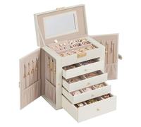 SONGMICS Boîte à Bijoux 5 Niveaux, Écrin à Accessoires avec 4 Tiroirs, Coffre de Rangement, avec Miroir Intérieur, Verrouillable, Rangement pour Bijoux, pour Montres, Blanc Crème JBC153WD03