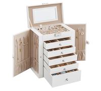SONGMICS Boîte à Bijoux 6 Niveaux, avec 5 Tiroirs, Verrouillable | Écrin à Accessoires, avec Miroir Intérieur, pour Montres, Blanc Nuage et Marron Camel, Collection BRIDIE JBC152W01