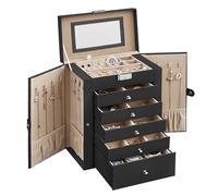 SONGMICS Boîte à Bijoux 6 Niveaux, Écrin à Accessoires, Coffre, 5 Tiroirs, Miroir, Serrure, Rangement Bijoux, Surface Noir d'Encre, Doublure Beige Sable JBC152B01