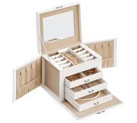 SONGMICS Boîte à bijoux à 4 niveaux, avec poignée, 3 tiroirs, avec miroir, serrure, rangement de bijoux, blanc classique