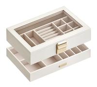 SONGMICS Boîte à Bijoux avec 2 Plateaux Empilables, Coffret à Bijoux Spacieux, Couvercle en Verre, 17 x 28 x 8,8 cm, pour Tiroir, Coiffeuse, Blanc Nuage JBC192W01