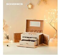 SONGMICS Boîte à bijoux avec 2 tiroirs, verrouillable avec miroir, Boîte de voyage portable, doublure en velours, idée cadeau, Blanc