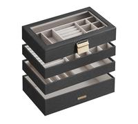 SONGMICS Boîte à Bijoux avec 4 Plateaux Empilables, Coffret à Bijoux Spacieux, Couvercle en Verre, 17 x 28 x 18,3 cm, pour Tiroir, Coiffeuse, Noir JBC164B01