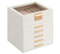 SONGMICS Boîte à bijoux avec couvercle en verre, 6 couches, 5 tiroirs, beaucoup de rangement, moderne, idée cadeau, 20,3 x 23,1 x 22,8 cm, nuage blanc et or JBC176W01