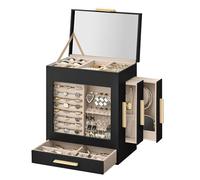 SONGMICS Boîte à bijoux avec fenêtre en verre, organiseur de bijoux à 5 couches avec 3 tiroirs latéraux, taille moyenne, noir UJBC172B01