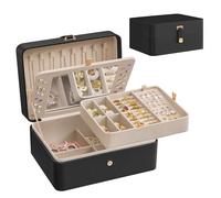 SONGMICS Boîte à Bijoux avec Miroir, Cadeau Noel, Porte-bijoux 2 Niveaux, Plateau Amovible, 17,6 x 22 x 11 cm, pour Colliers, Boucles d’oreilles, Idée Cadeau, Noir d’Encre JBC200B01