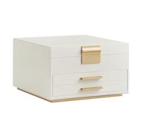 SONGMICS Boîte à bijoux avec miroir et lumières LED, organiseur de bijoux à 3 couches avec 2 tiroirs, surface en polyuréthane, base flottante, moderne, idée cadeau, 23 x 23 x 14 cm, blanc crème et or